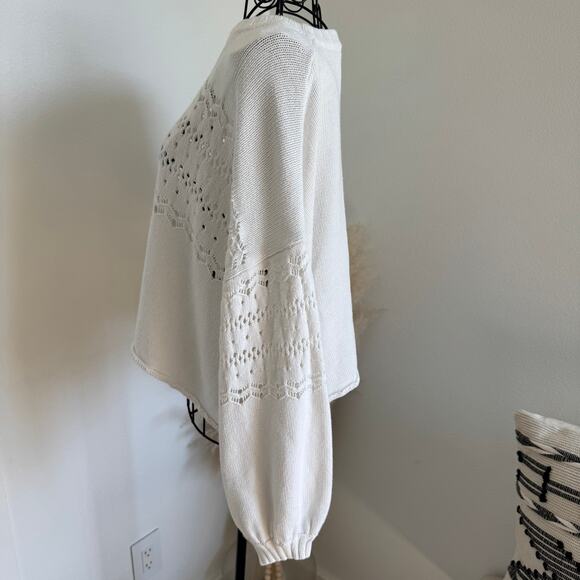 Urban Outfitters White Cropped Balloon Sleeve Pointelle Knit Sweater Medium - Picture 2 of 8
